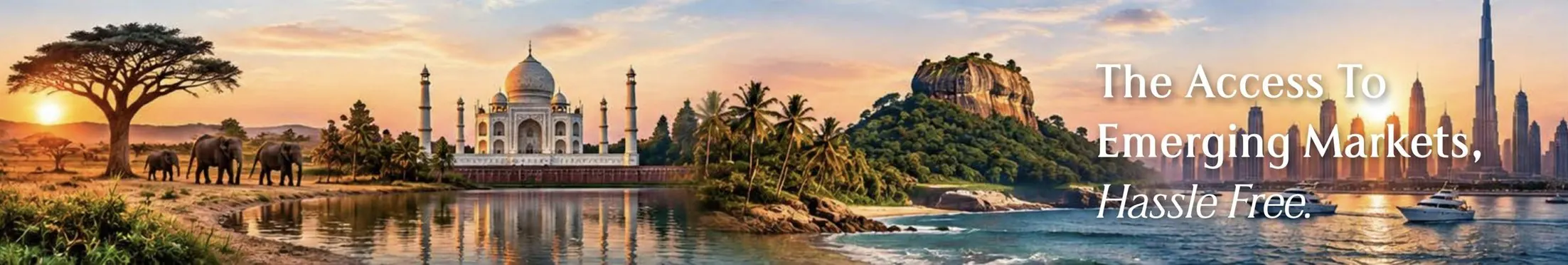 Panorama from Africa to India and Dubai: acacia and elephants, the Taj Mahal, a tropical coast and the Dubai skyline at sunset, with the words The Access To Emerging Markets, Hassle Free.