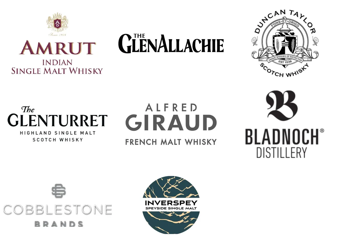 Amrut, The GlenAllachie, Duncan Taylor, The Glenturret, Alfred Giraud, Bladnoch, Cobblestone Brands, Inverspey